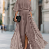 Maxi Dress | Off-Shoulder Formal Long Dress | Elegant Pleated Design with Sheer Sleeves 6