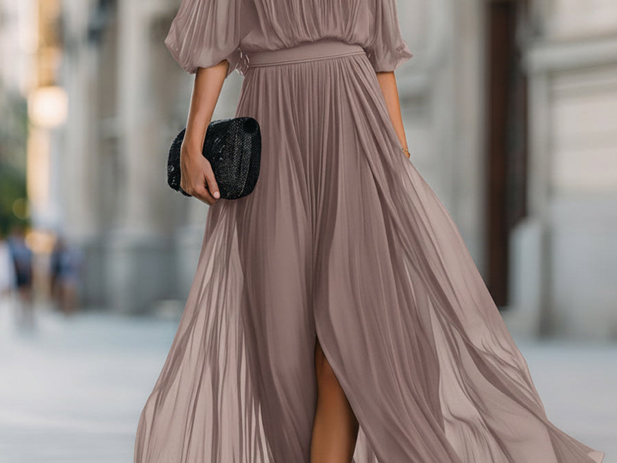 Maxi Dress | Off-Shoulder Formal Long Dress | Elegant Pleated Design with Sheer Sleeves 6