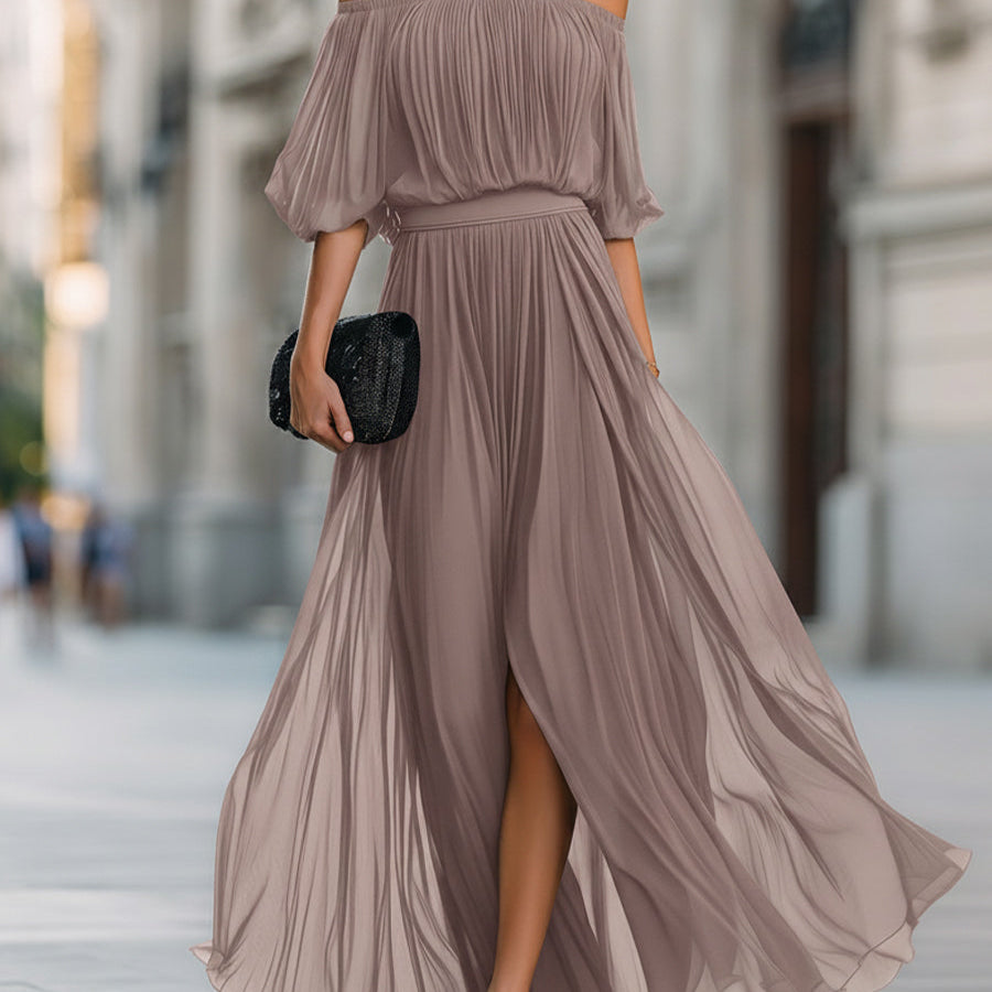 Maxi Dress | Off-Shoulder Formal Long Dress | Elegant Pleated Design with Sheer Sleeves 6