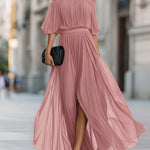 Maxi Dress | Off-Shoulder Formal Long Dress | Elegant Pleated Design with Sheer Sleeves 7