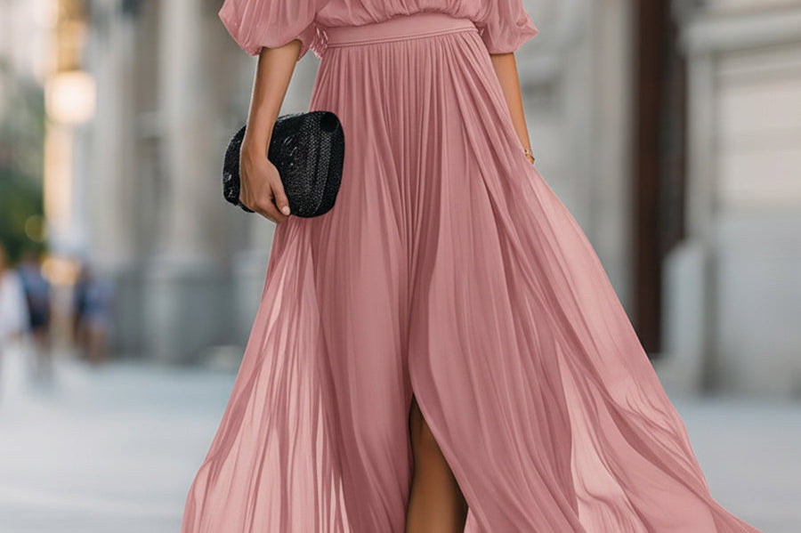 Maxi Dress | Off-Shoulder Formal Long Dress | Elegant Pleated Design with Sheer Sleeves 7