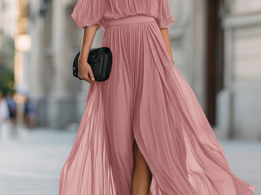 Maxi Dress | Off-Shoulder Formal Long Dress | Elegant Pleated Design with Sheer Sleeves 7
