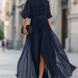 Maxi Dress | Off-Shoulder Formal Long Dress | Elegant Pleated Design with Sheer Sleeves 8