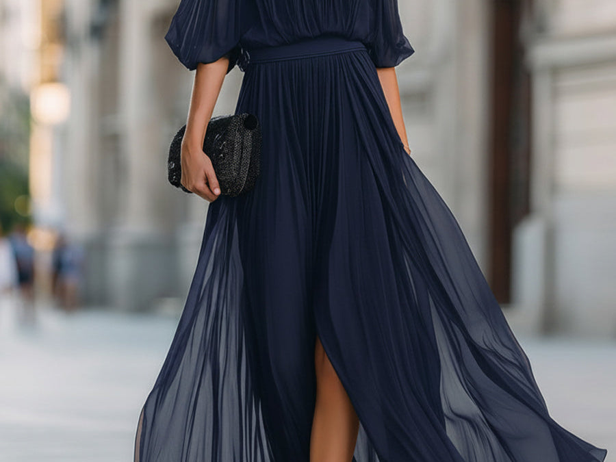 Maxi Dress | Off-Shoulder Formal Long Dress | Elegant Pleated Design with Sheer Sleeves 8