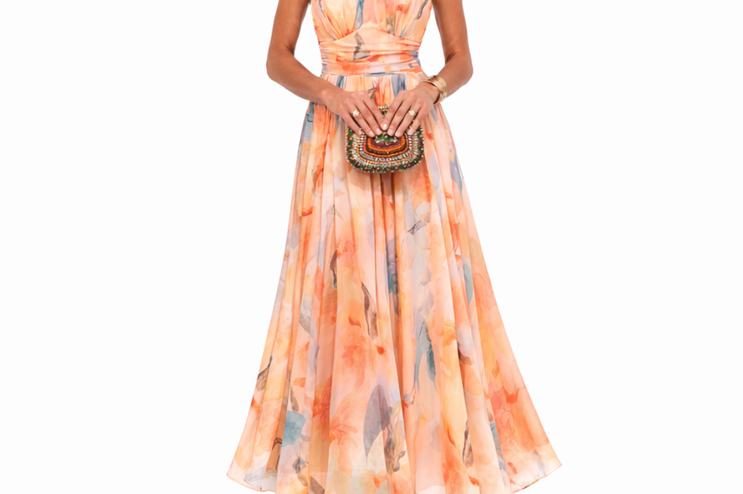 Maxi Dress | Watercolor Print Halter Neck Long Dress | Elegant Flowy Chic 0