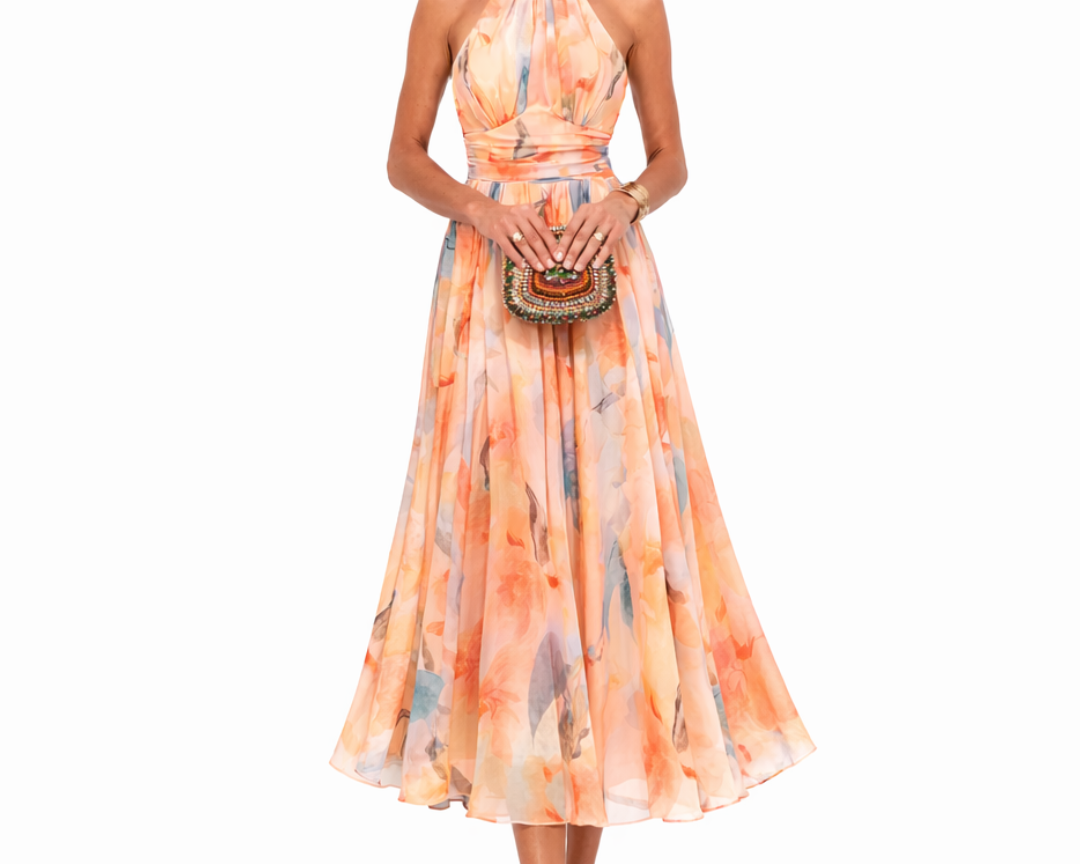 Maxi Dress | Watercolor Print Halter Neck Long Dress | Elegant Flowy Chic 0
