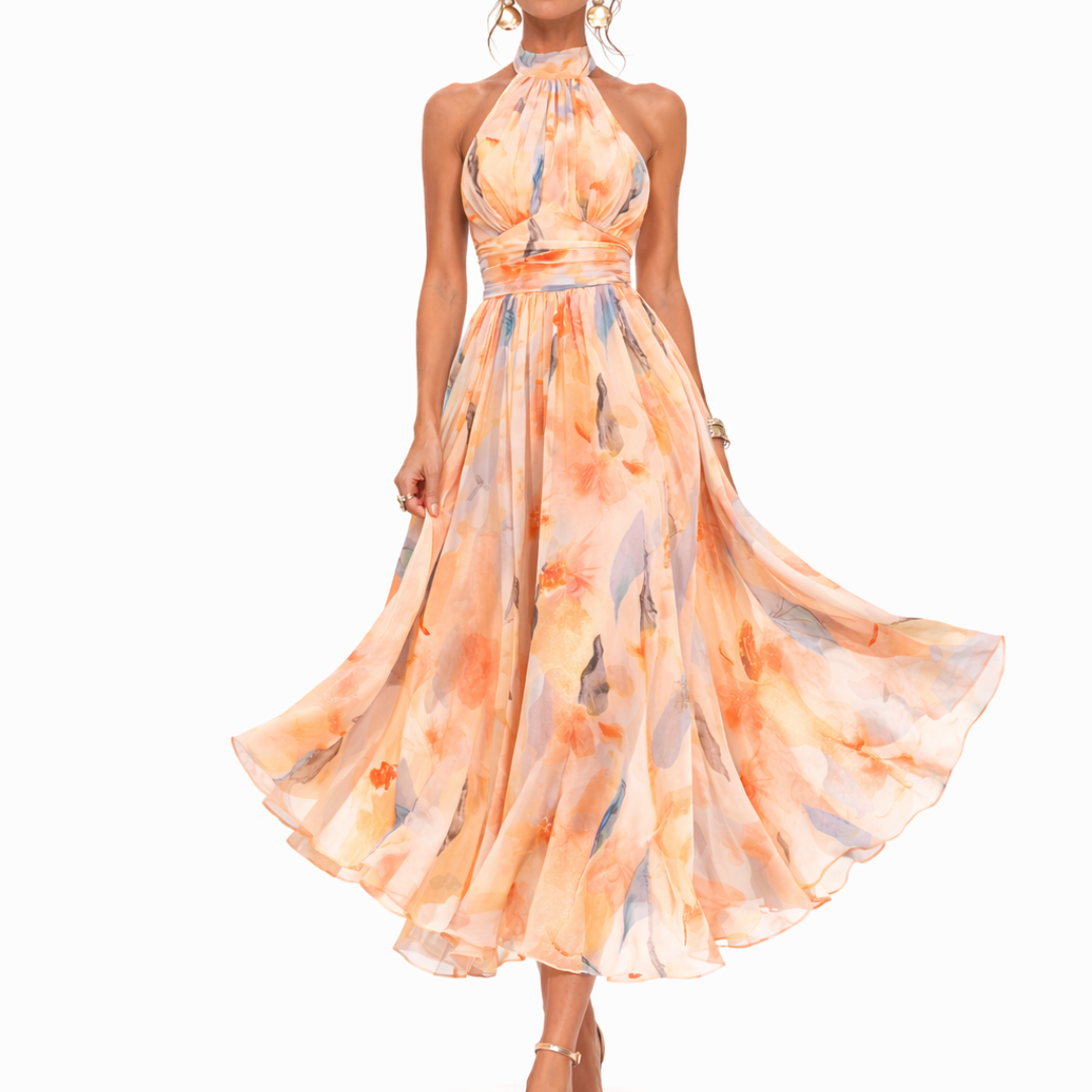 Maxi Dress | Watercolor Print Halter Neck Long Dress | Elegant Flowy Chic 1