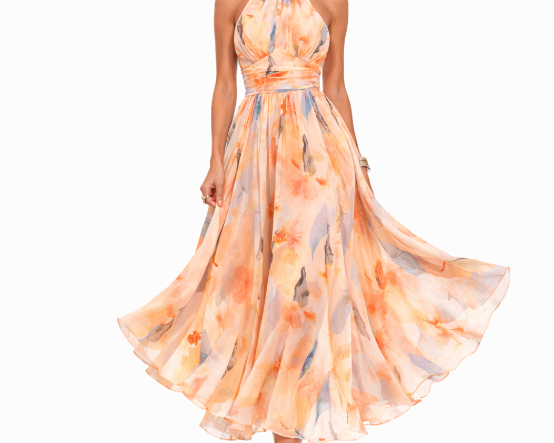 Maxi Dress | Watercolor Print Halter Neck Long Dress | Elegant Flowy Chic 1