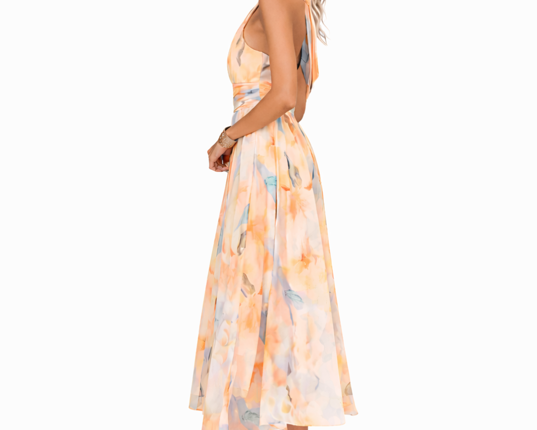 Maxi Dress | Watercolor Print Halter Neck Long Dress | Elegant Flowy Chic 2