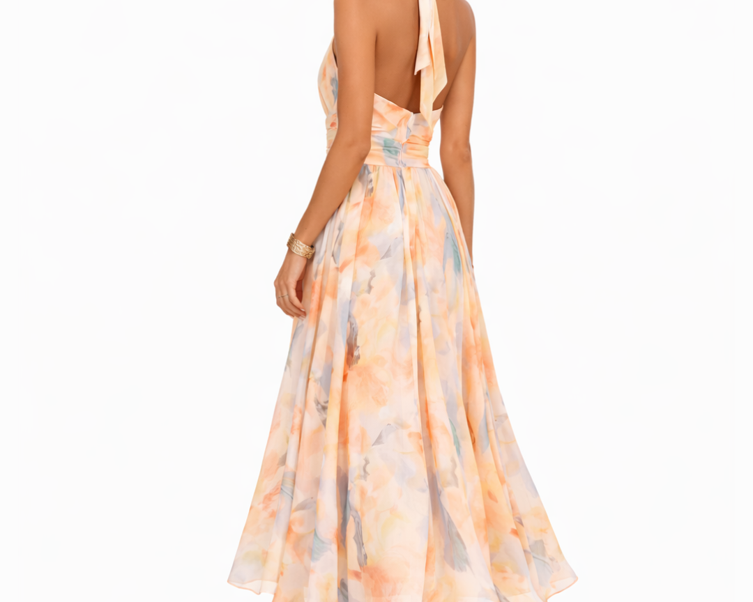 Maxi Dress | Watercolor Print Halter Neck Long Dress | Elegant Flowy Chic 3