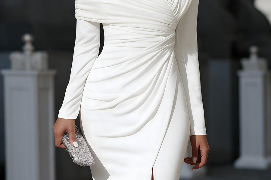 Midi Dress | Asymmetric One Shoulder Long Sleeve Midi Dress | Elegant Draped Design 0