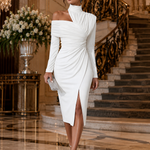 Midi Dress | Asymmetric One Shoulder Long Sleeve Midi Dress | Elegant Draped Design 3
