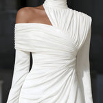 Midi Dress | Asymmetric One Shoulder Long Sleeve Midi Dress | Elegant Draped Design 5