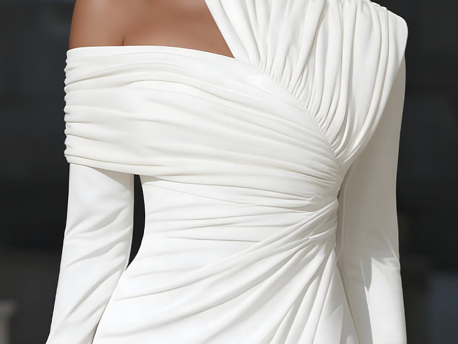Midi Dress | Asymmetric One Shoulder Long Sleeve Midi Dress | Elegant Draped Design 5