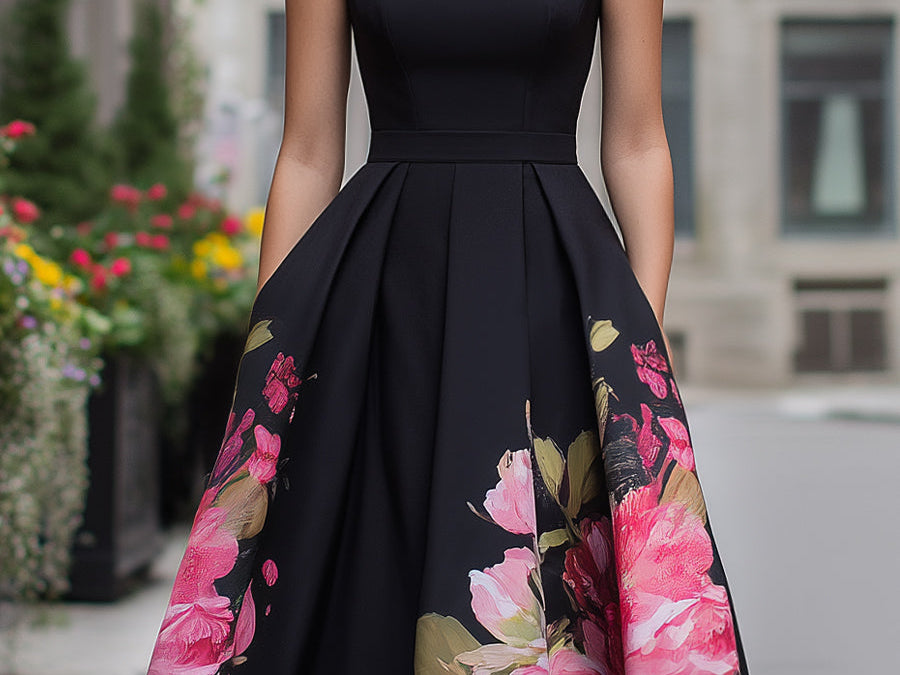 Midi Dress | Elegant Floral A-Line Wedding Guest Dress | Timeless Sophisticated Charm 0