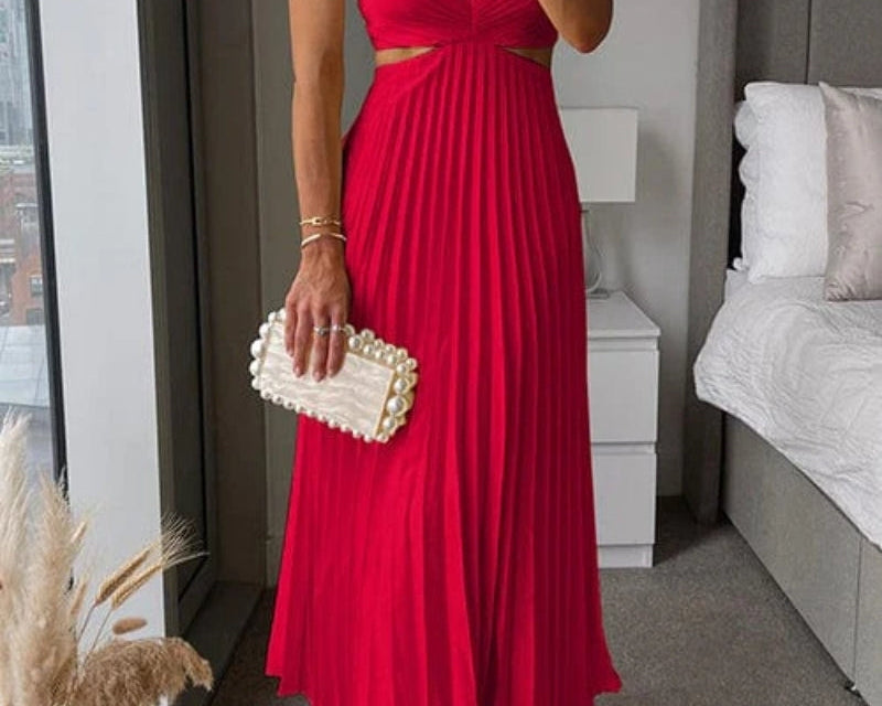 Midi Dress | Elegant Floral Midi Dress with Pleated Skirt and V-Neck 0