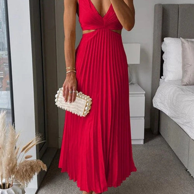 Midi Dress | Elegant Floral Midi Dress with Pleated Skirt and V-Neck 0