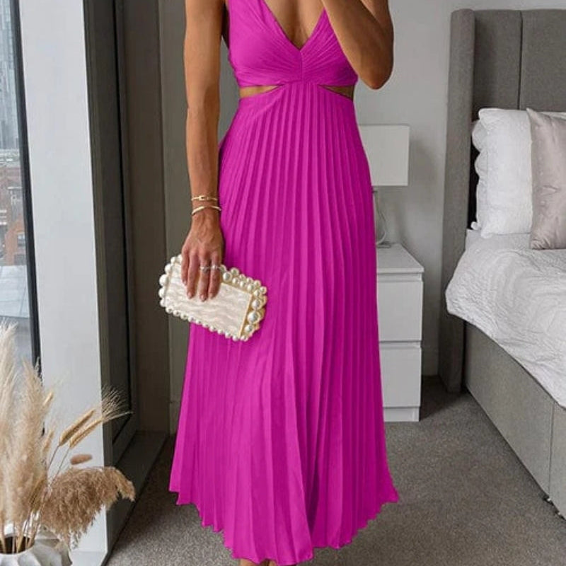 Midi Dress | Elegant Floral Midi Dress with Pleated Skirt and V-Neck 1