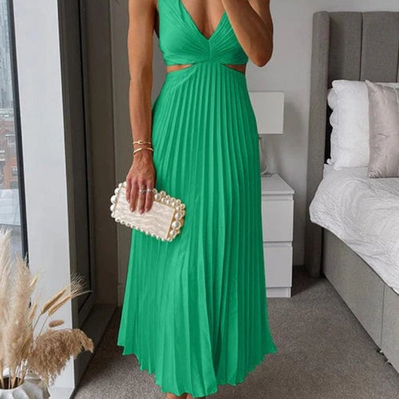 Midi Dress | Elegant Floral Midi Dress with Pleated Skirt and V-Neck 3
