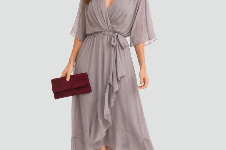 Midi Dress | Elegant Wrap Neckline Airy Midi Gown 0