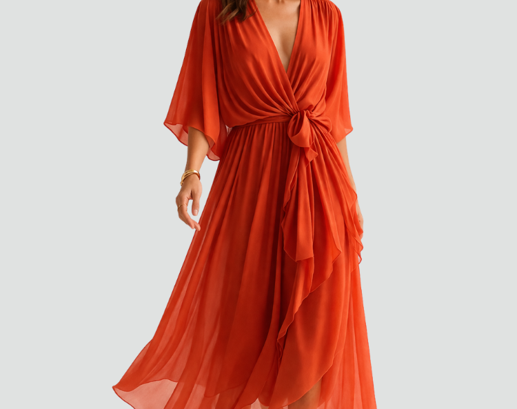 Midi Dress | Elegant Wrap Neckline Airy Midi Gown 1
