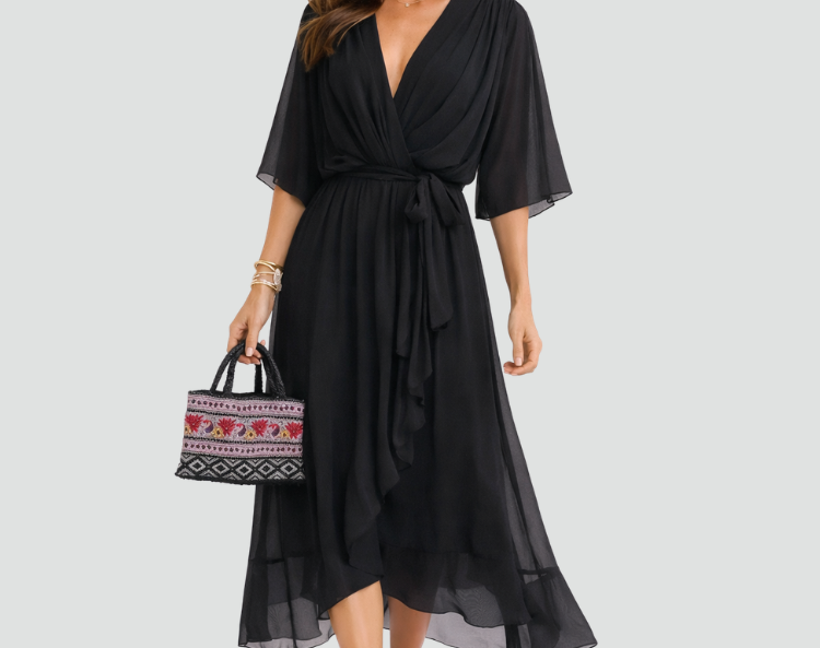 Midi Dress | Elegant Wrap Neckline Airy Midi Gown 3
