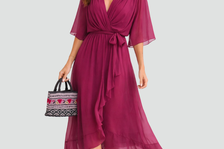 Midi Dress | Elegant Wrap Neckline Airy Midi Gown 4