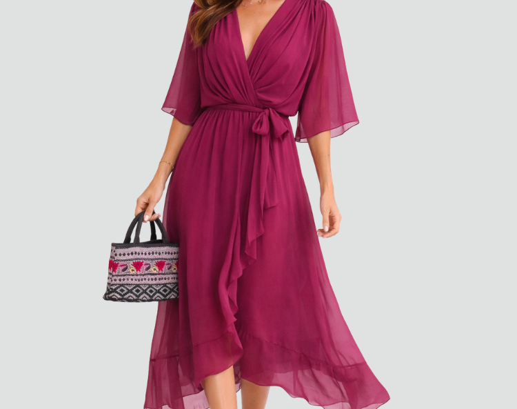 Midi Dress | Elegant Wrap Neckline Airy Midi Gown 4