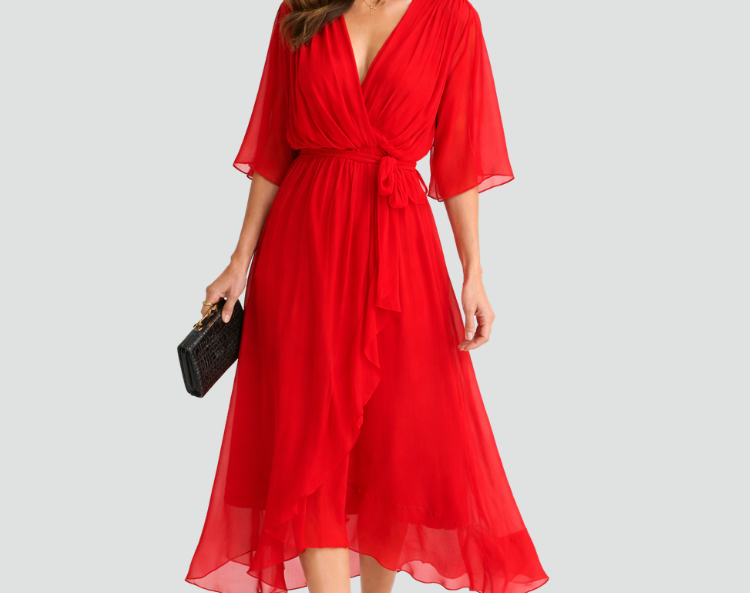 Midi Dress | Elegant Wrap Neckline Airy Midi Gown 8