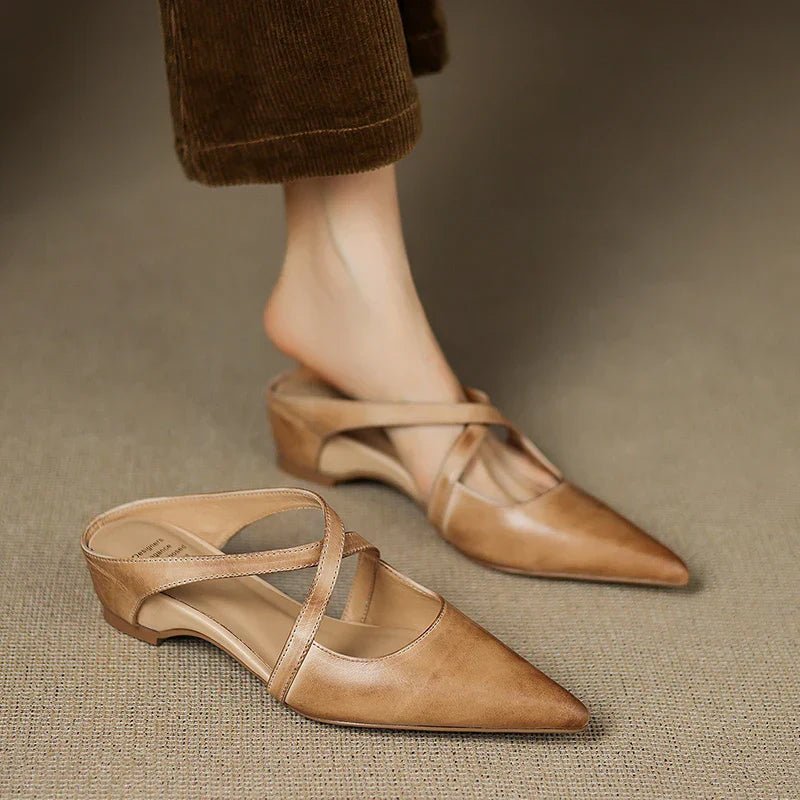 Mules Shoes | Cross-Strap Pointed Toe Low Heel | Elegant Comfortable 6