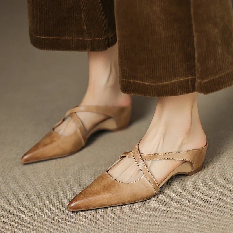 Mules Shoes | Cross-Strap Pointed Toe Low Heel | Elegant Comfortable 7