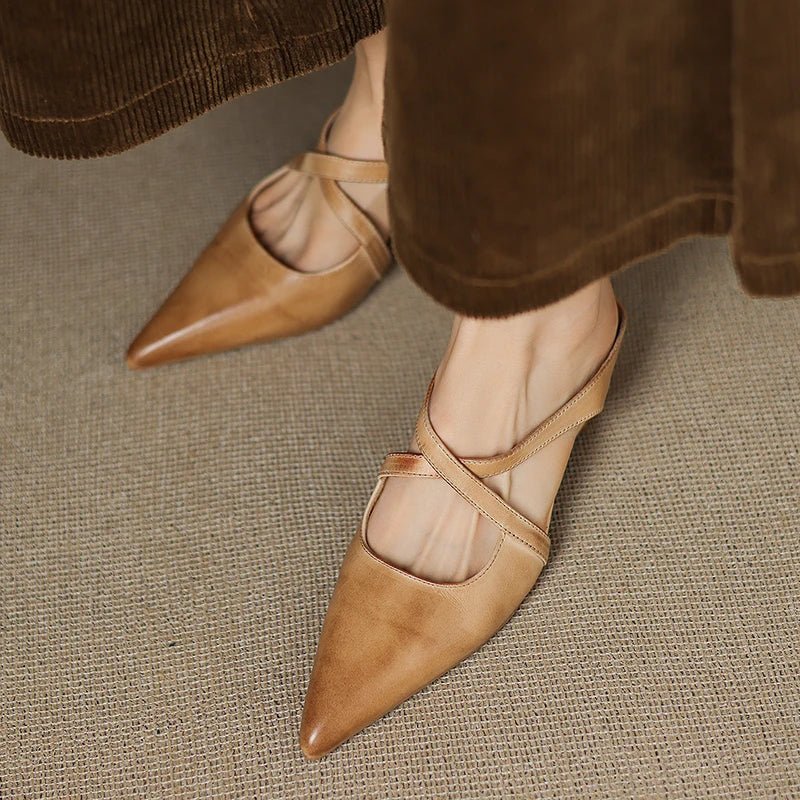 Mules Shoes | Cross-Strap Pointed Toe Low Heel | Elegant Comfortable 8
