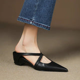Mules Shoes | Cross-Strap Pointed Toe Low Heel | Elegant Comfortable 9