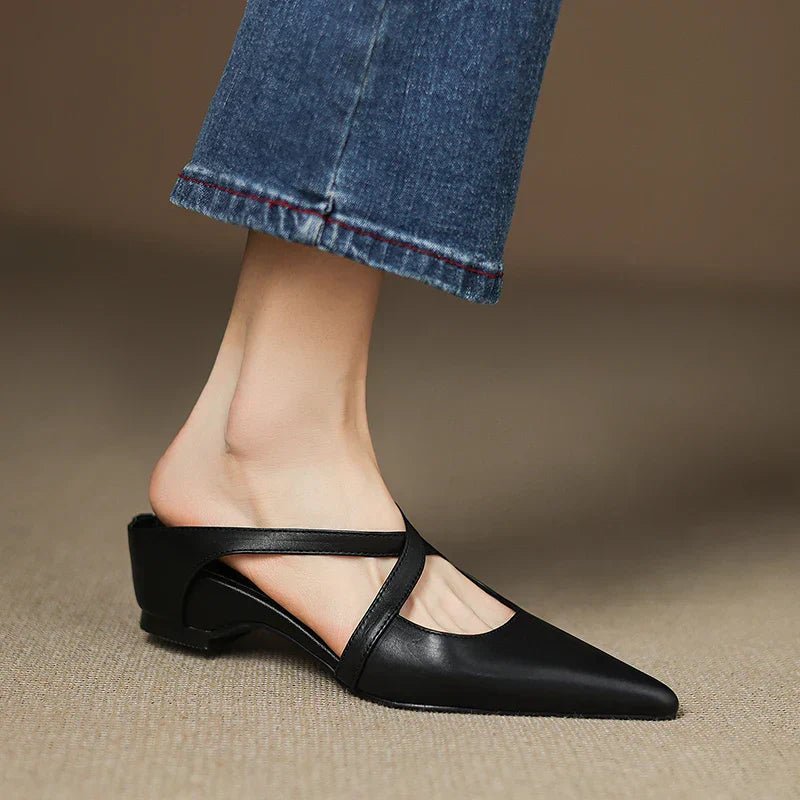 Mules Shoes | Cross-Strap Pointed Toe Low Heel | Elegant Comfortable 9