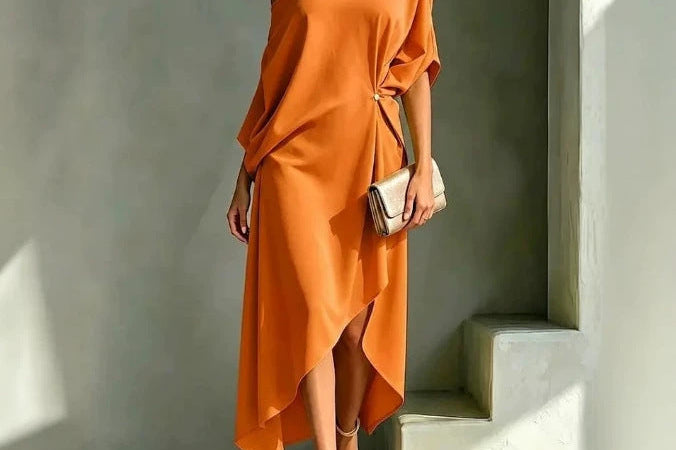 Orange asymmetric midi dress
