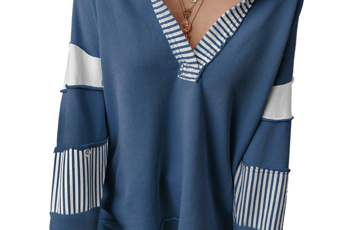 Women's Striped V-Neck Oversized Sweatshirt | Casual Cozy Sweatshirt