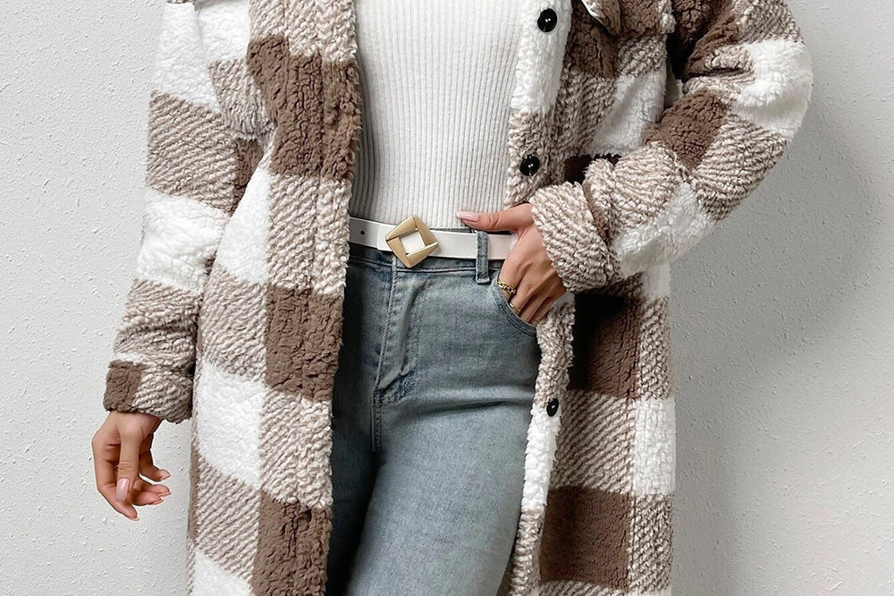 Women's Checked Longline Coat | Elegant Draped Coat