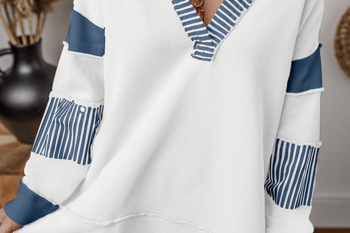 Women's Striped V-Neck Oversized Sweatshirt | Casual Cozy Sweatshirt