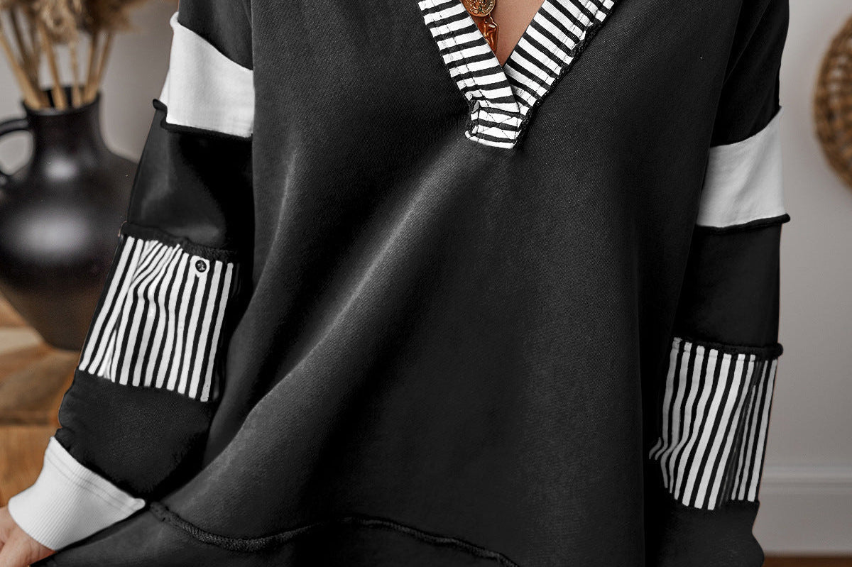 Women's Striped V-Neck Oversized Sweatshirt | Casual Cozy Sweatshirt