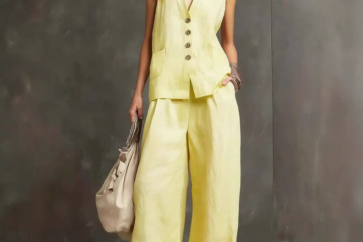 Women's Cotton-Linen Vest & Wide-Leg Pants Set | Relaxed Sleeveless Co-Ord