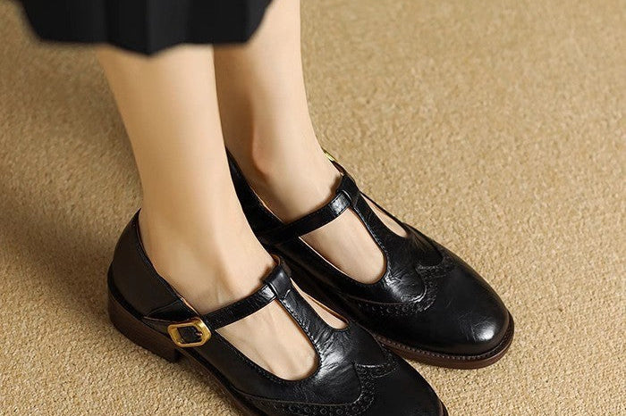 Women's Leather T-Strap Mary Jane Shoes | Low Block Heel Pumps