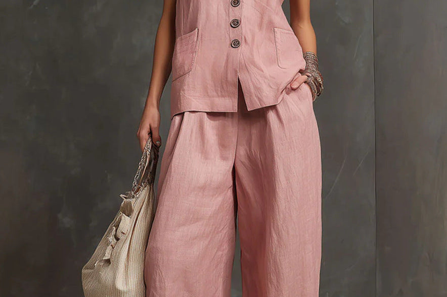 Women's Cotton-Linen Vest & Wide-Leg Pants Set | Relaxed Sleeveless Co-Ord
