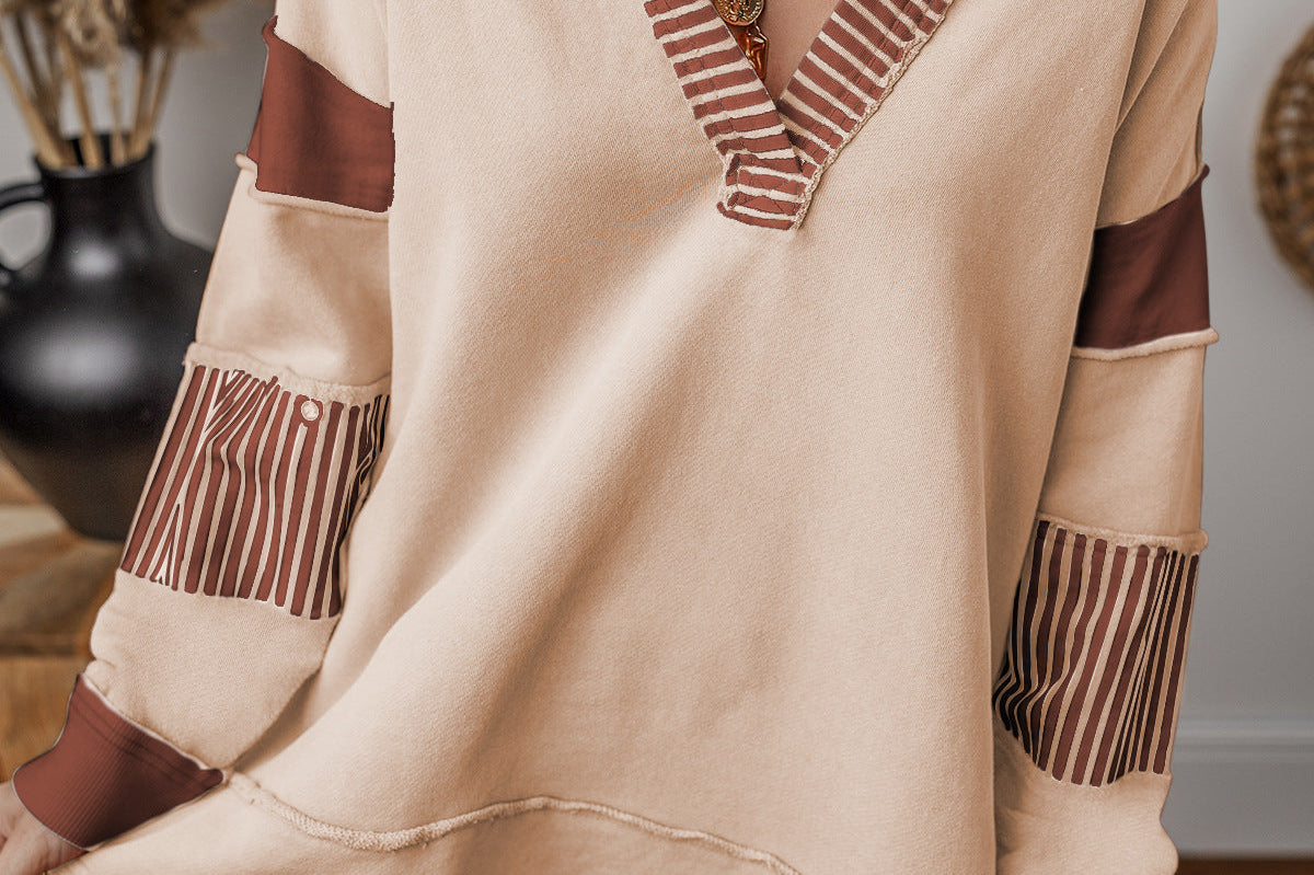 Women's Striped V-Neck Oversized Sweatshirt | Casual Cozy Sweatshirt