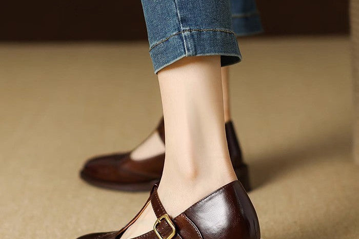 Women's Leather T-Strap Mary Jane Shoes | Low Block Heel Pumps