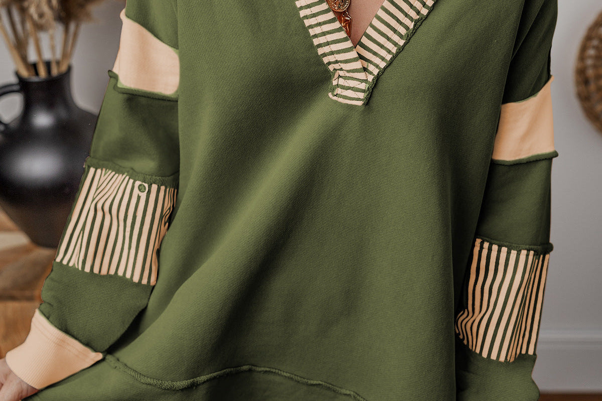 Women's Striped V-Neck Oversized Sweatshirt | Casual Cozy Sweatshirt