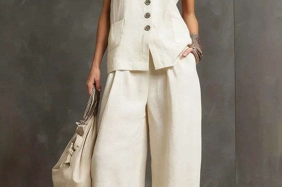 Women's Cotton-Linen Vest & Wide-Leg Pants Set | Relaxed Sleeveless Co-Ord