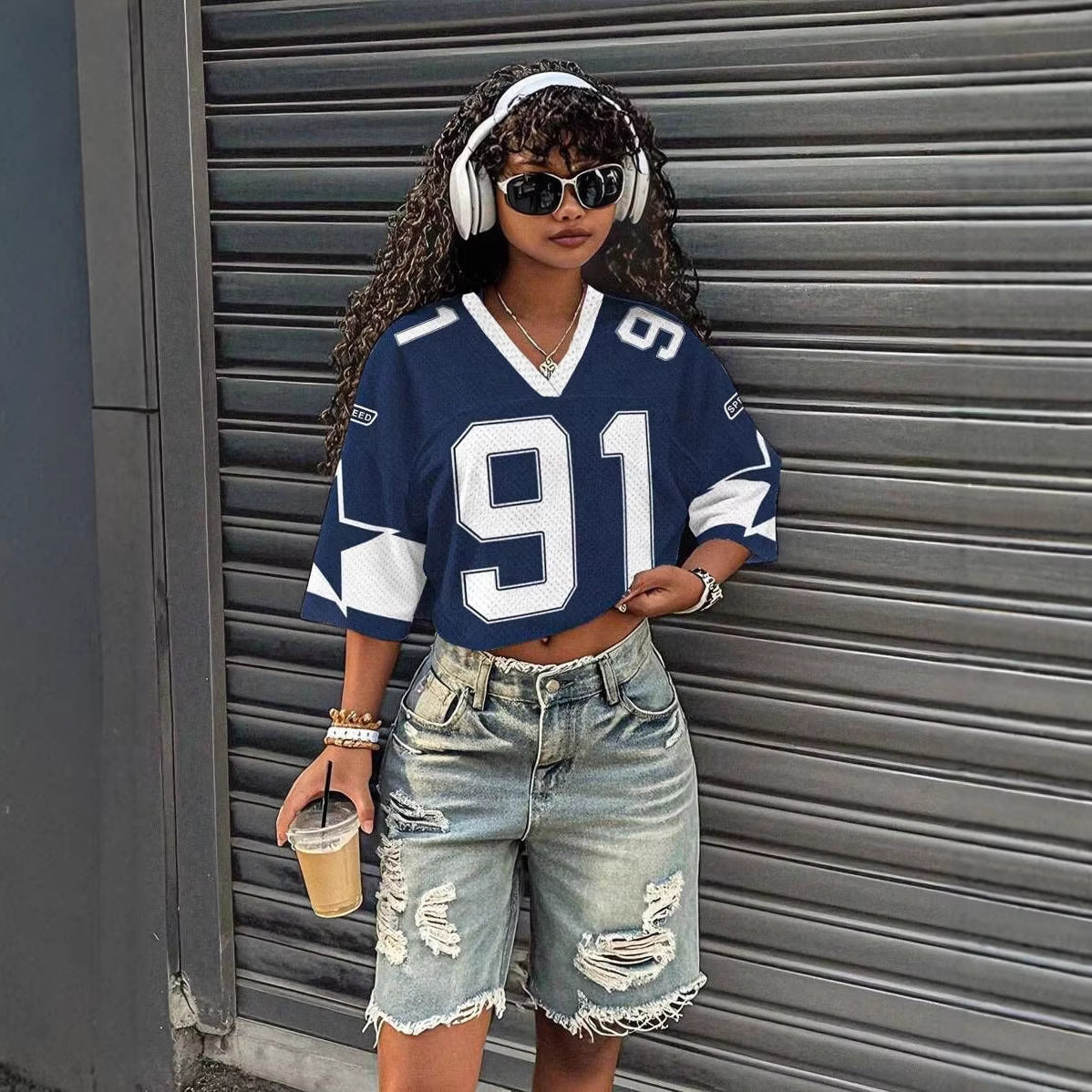 Oversized Shirt | Sporty V-Neck Crop Top | Trendy Casual Look 1