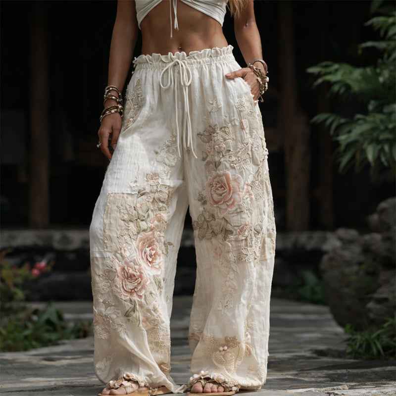 Pants | Floral Embroidered Wide-Leg Trousers | Elegant Comfortable 1