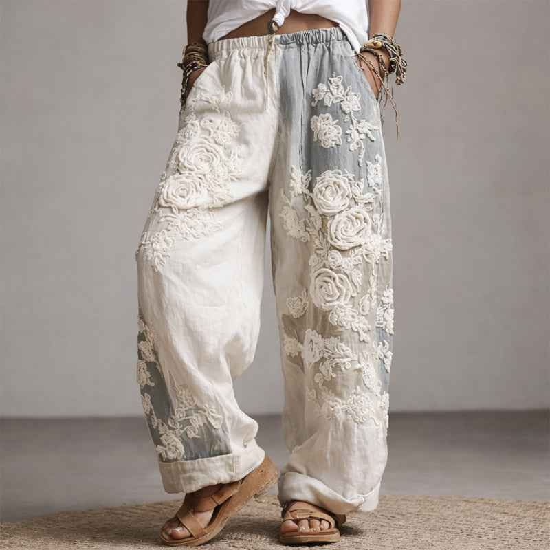 Pants | Floral Embroidered Wide-Leg Trousers | Elegant Comfortable 4