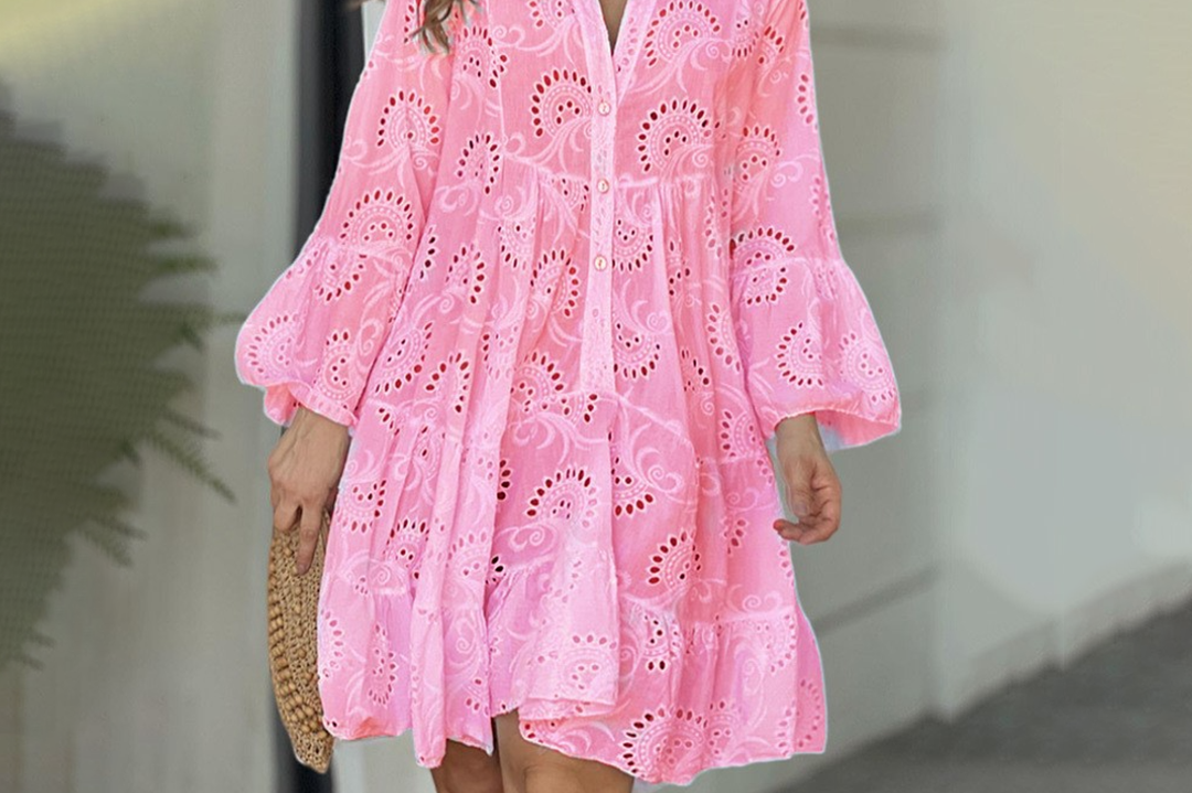 Women's Openwork Embroidered Summer Dress | Elegant Long-Sleeve V-Neck Dress